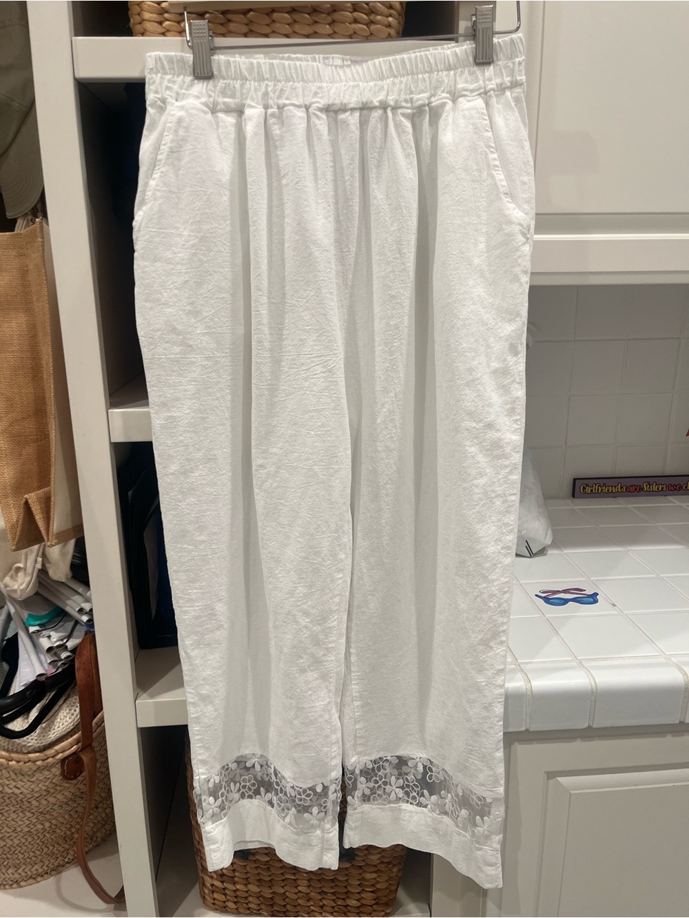 White Lace-Trim Sleep Pants with Elastic Waist and pockets